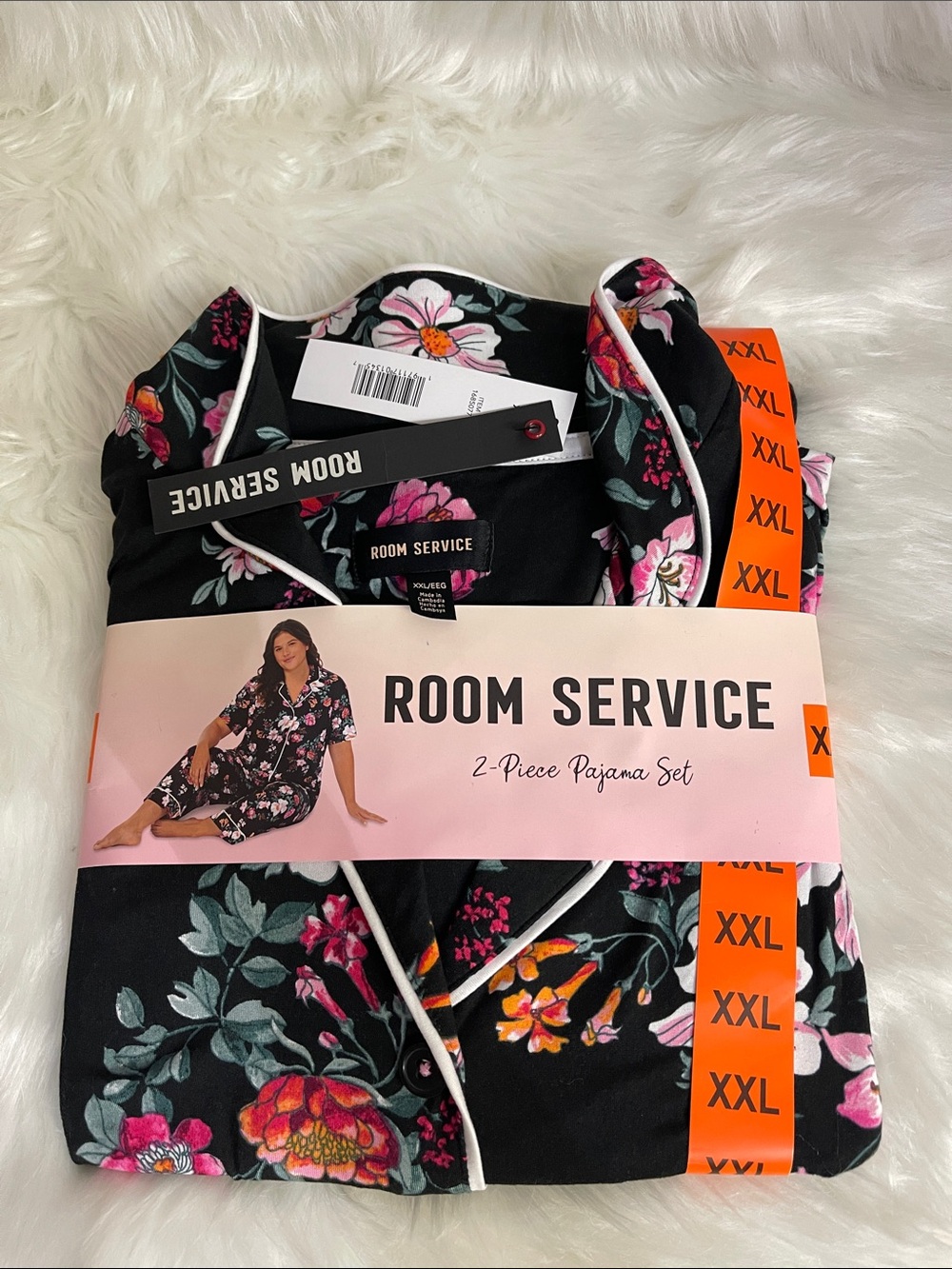 ROOM SERVICE Women's 2-Piece Floral Pajama Set - Black with Pink & Orange Floral